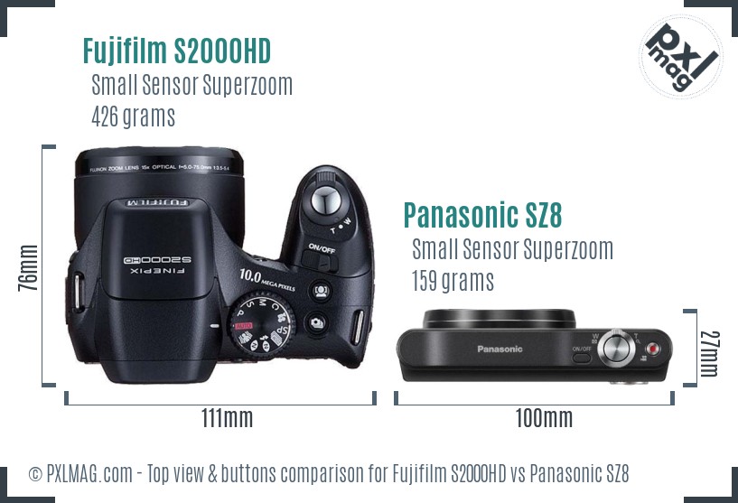 Fujifilm S2000HD vs Panasonic SZ8 top view buttons comparison