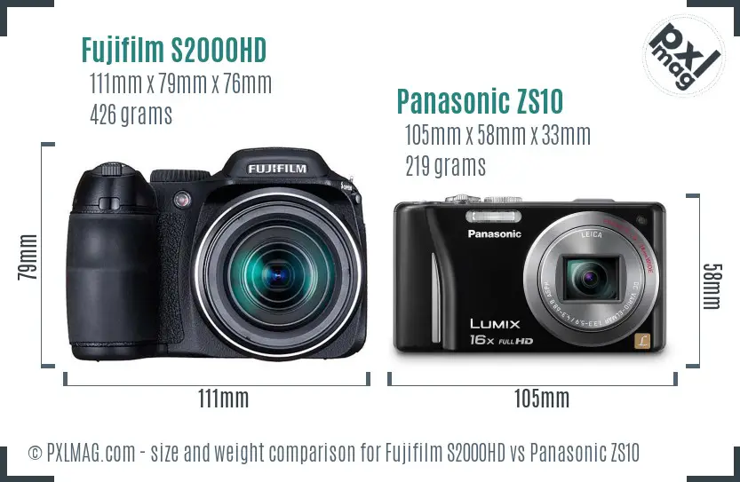 Fujifilm S2000HD vs Panasonic ZS10 size comparison