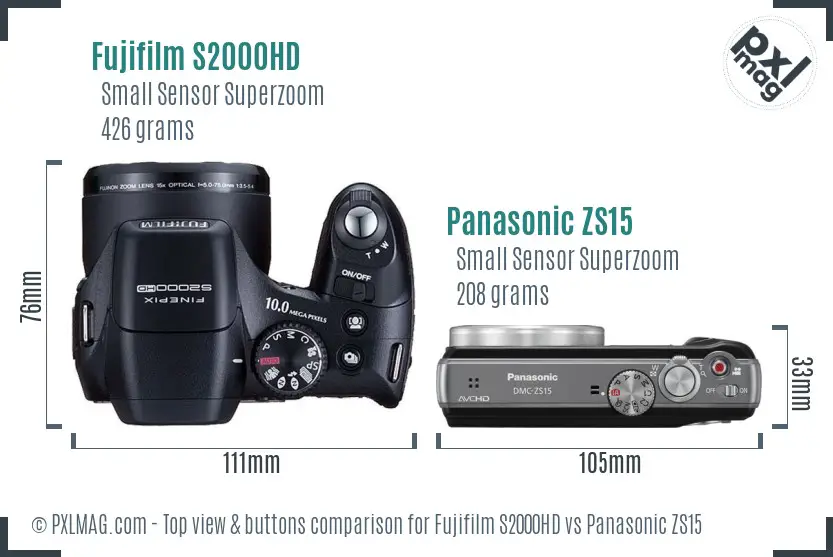 Fujifilm S2000HD vs Panasonic ZS15 top view buttons comparison
