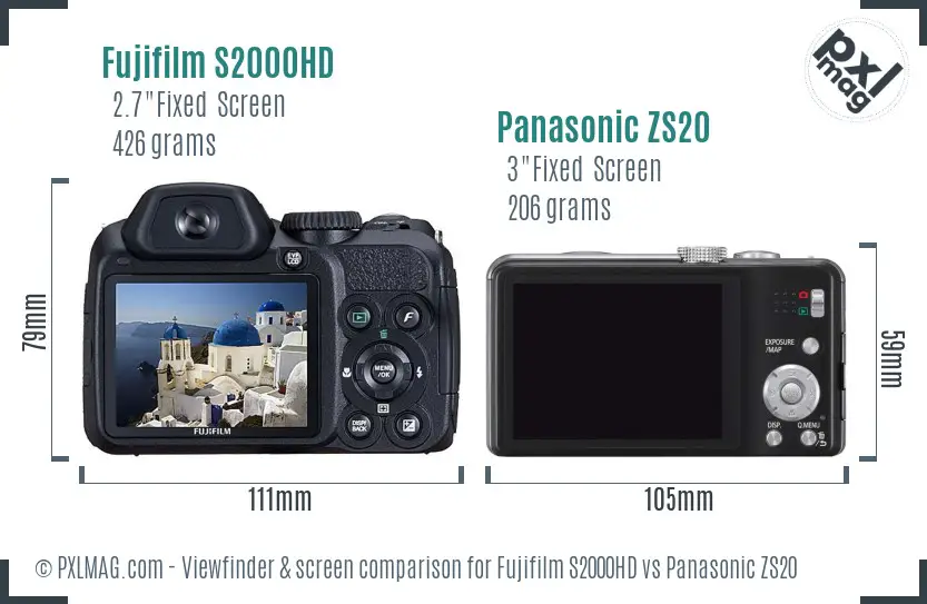 Fujifilm S2000HD vs Panasonic ZS20 Screen and Viewfinder comparison