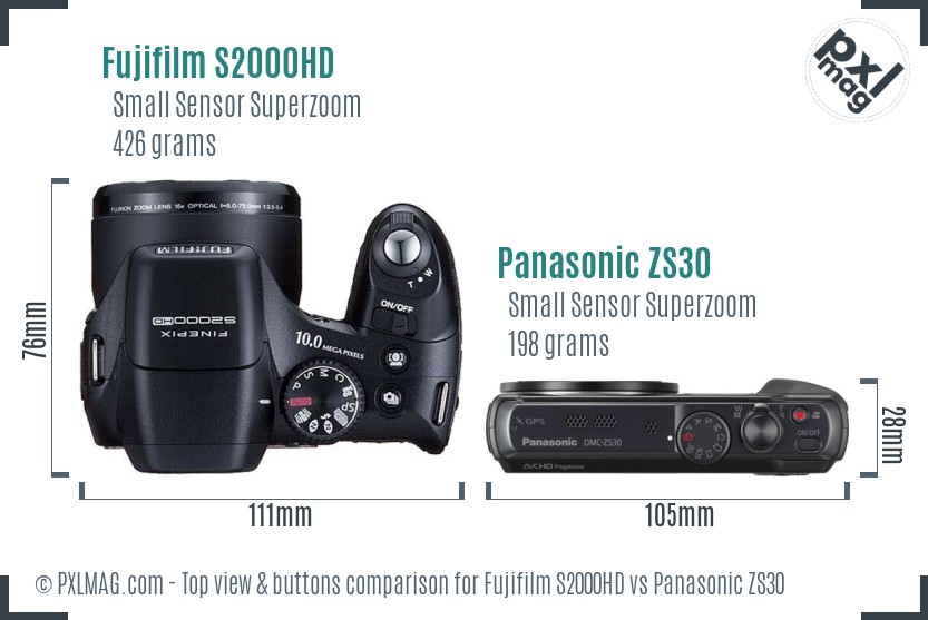 Fujifilm S2000HD vs Panasonic ZS30 top view buttons comparison