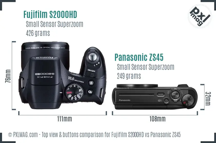 Fujifilm S2000HD vs Panasonic ZS45 top view buttons comparison Fujifilm S2000HD vs Panasonic ZS45 top view buttons comparison