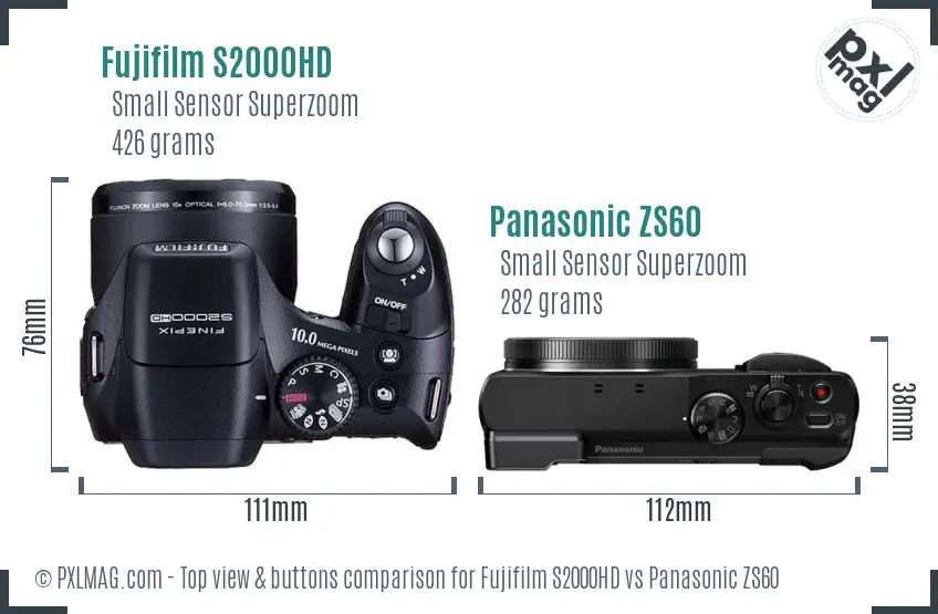Fujifilm S2000HD vs Panasonic ZS60 top view buttons comparison Fujifilm S2000HD vs Panasonic ZS60 top view buttons comparison