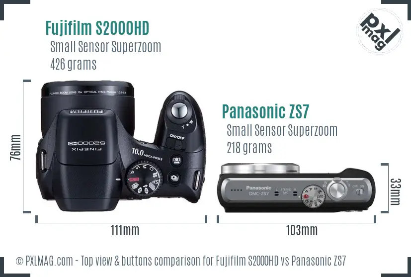 Fujifilm S2000HD vs Panasonic ZS7 top view buttons comparison