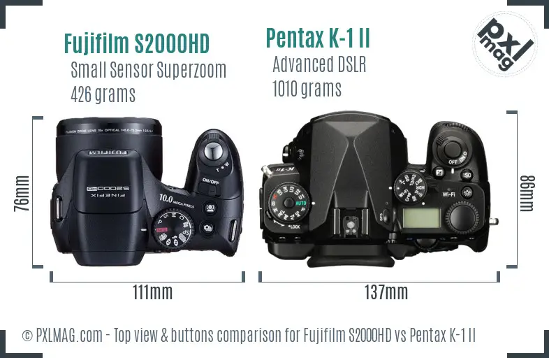 Fujifilm S2000HD vs Pentax K-1 II top view buttons comparison