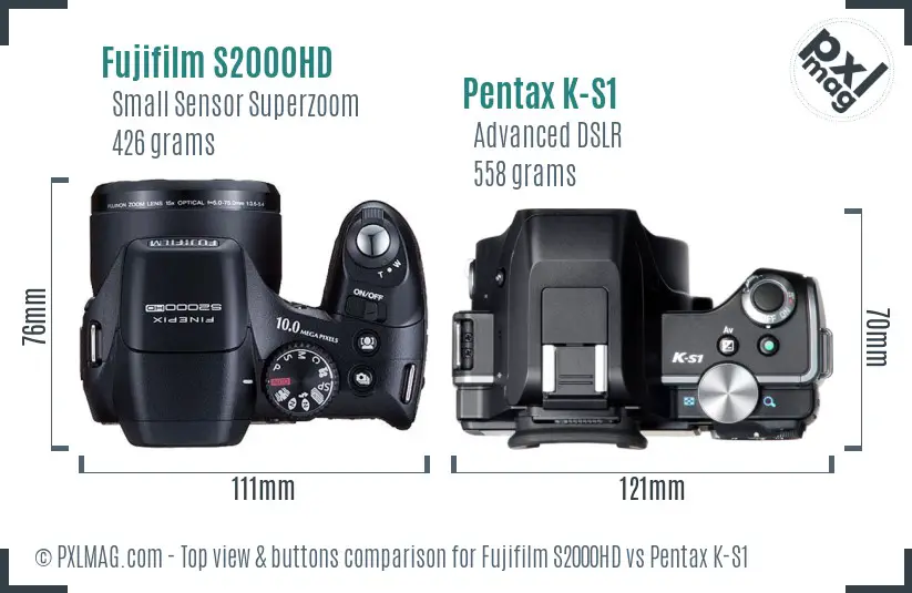 Fujifilm S2000HD vs Pentax K-S1 top view buttons comparison