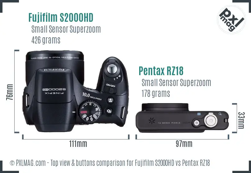 Fujifilm S2000HD vs Pentax RZ18 top view buttons comparison