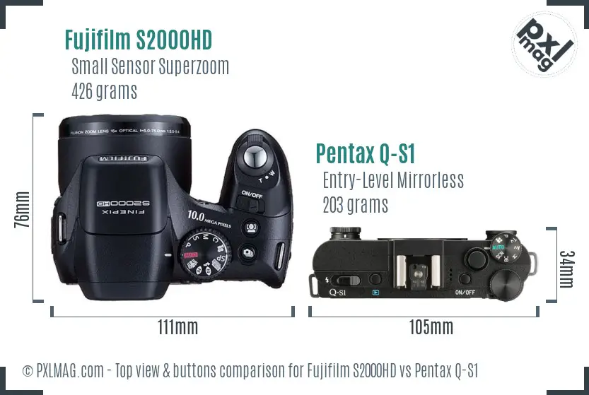 Fujifilm S2000HD vs Pentax Q-S1 top view buttons comparison