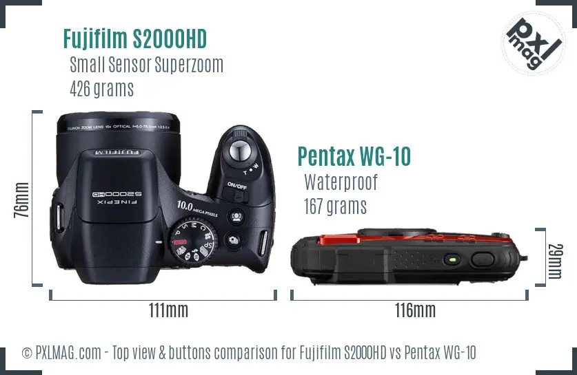 Fujifilm S2000HD vs Pentax WG-10 top view buttons comparison