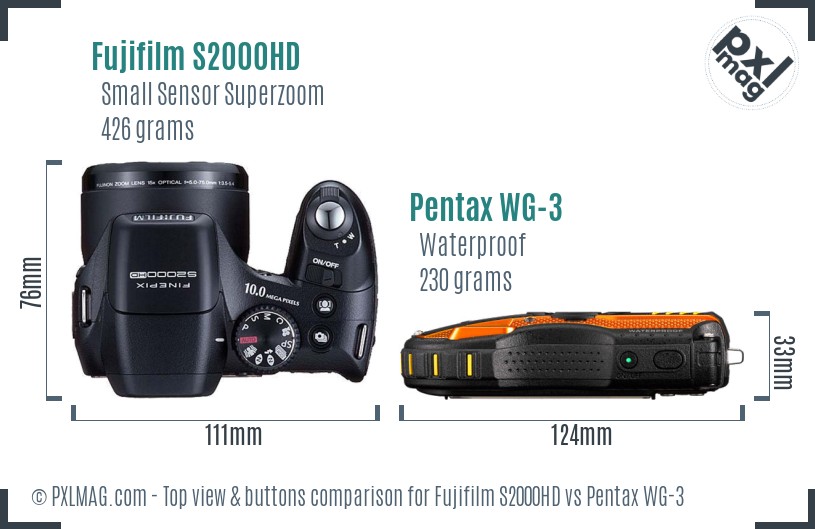 Fujifilm S2000HD vs Pentax WG-3 top view buttons comparison