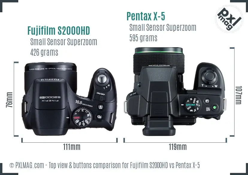 Fujifilm S2000HD vs Pentax X-5 top view buttons comparison