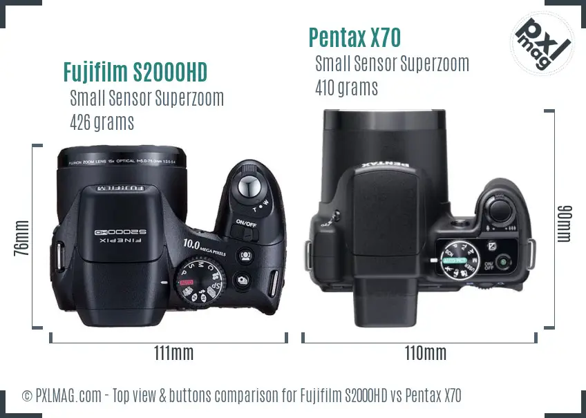 Fujifilm S2000HD vs Pentax X70 top view buttons comparison