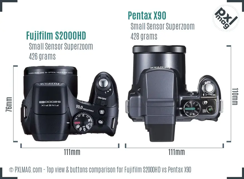 Fujifilm S2000HD vs Pentax X90 top view buttons comparison