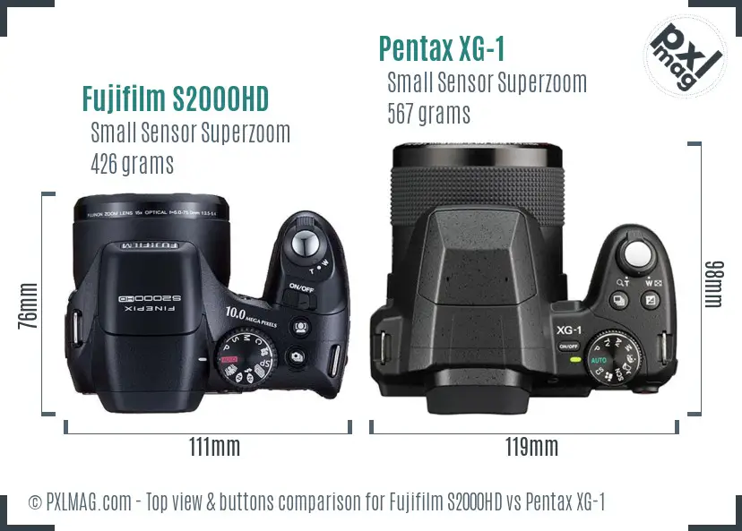 Fujifilm S2000HD vs Pentax XG-1 top view buttons comparison Fujifilm S2000HD vs Pentax XG-1 top view buttons comparison