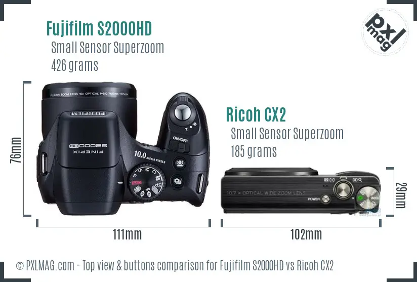 Fujifilm S2000HD vs Ricoh CX2 top view buttons comparison