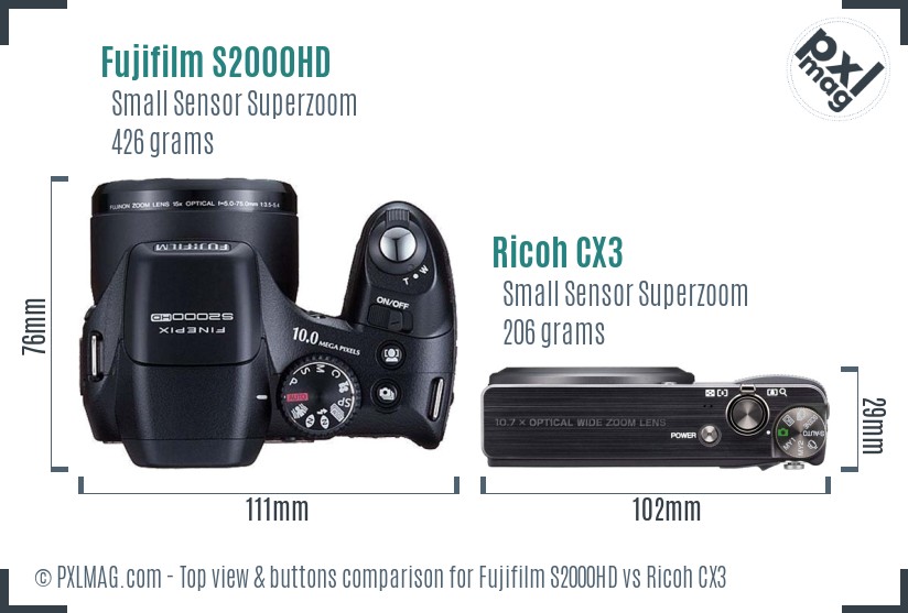 Fujifilm S2000HD vs Ricoh CX3 top view buttons comparison