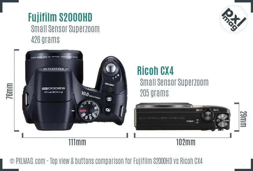 Top view design and control layout comparison between Fujifilm S2000HD and Ricoh CX4
