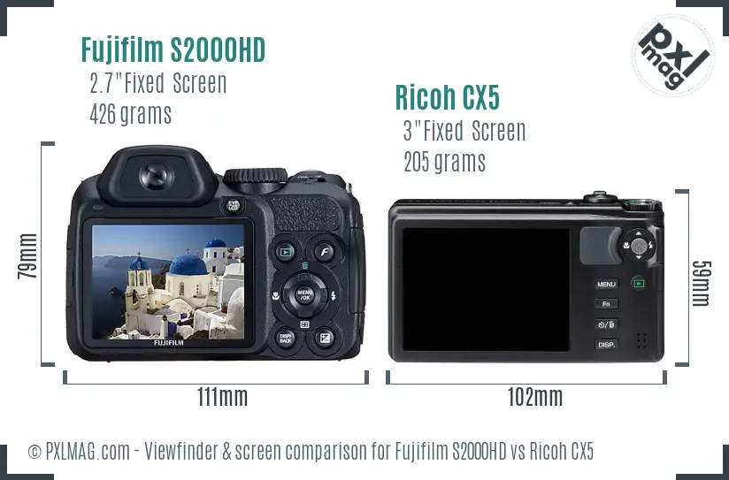 Fujifilm S2000HD vs Ricoh CX5 Screen and Viewfinder comparison
