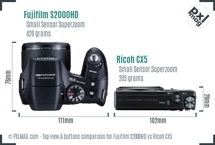 Fujifilm S2000HD vs Ricoh CX5 top view buttons comparison