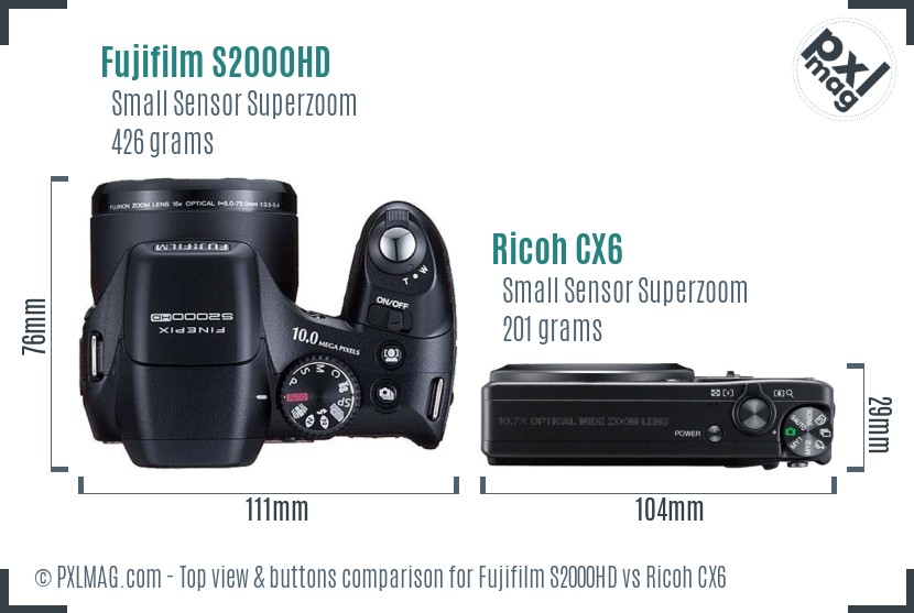 Fujifilm S2000HD vs Ricoh CX6 top view buttons comparison