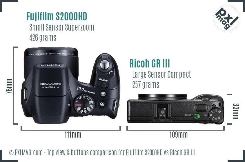 Fujifilm S2000HD vs Ricoh GR III top view buttons comparison Fujifilm S2000HD vs Ricoh GR III top view buttons comparison
