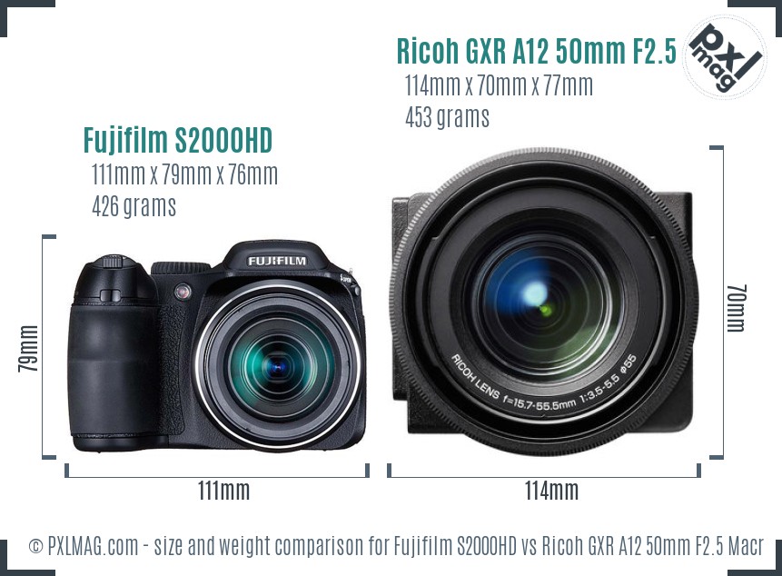 Fujifilm S2000HD vs Ricoh GXR A12 50mm F2.5 Macro size comparison