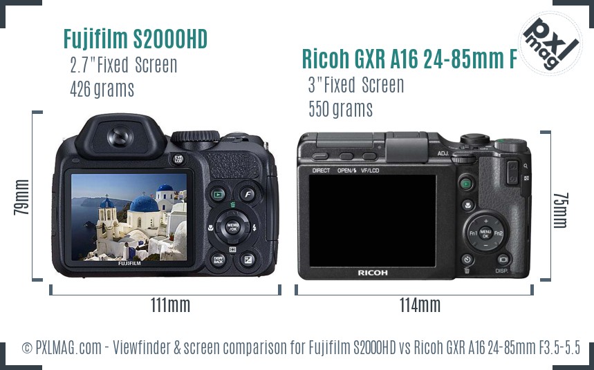Fujifilm S2000HD vs Ricoh GXR A16 24-85mm F3.5-5.5 Screen and Viewfinder comparison