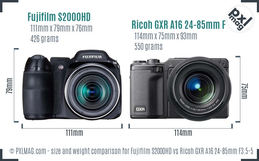Fujifilm S2000HD vs Ricoh GXR A16 24-85mm F3.5-5.5 size comparison Fujifilm S2000HD vs Ricoh GXR A16 24-85mm F3.5-5.5 size comparison