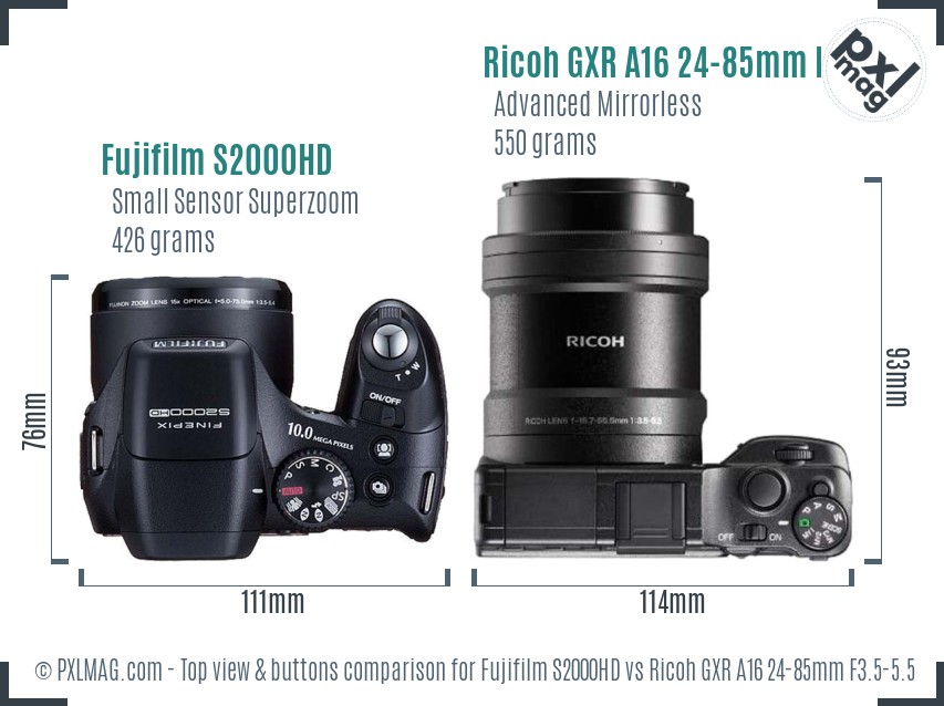 Fujifilm S2000HD vs Ricoh GXR A16 24-85mm F3.5-5.5 top view buttons comparison