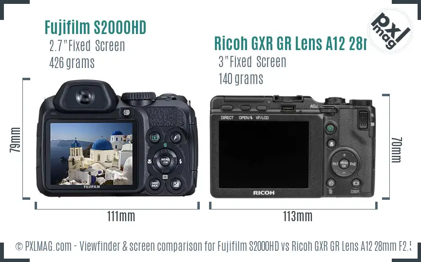 Fujifilm S2000HD vs Ricoh GXR GR Lens A12 28mm F2.5 Screen and Viewfinder comparison