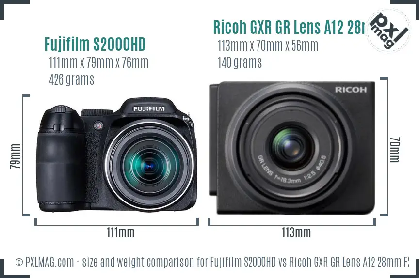 Fujifilm S2000HD vs Ricoh GXR GR Lens A12 28mm F2.5 size comparison