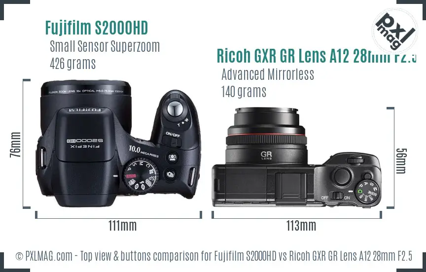 Fujifilm S2000HD vs Ricoh GXR GR Lens A12 28mm F2.5 top view buttons comparison