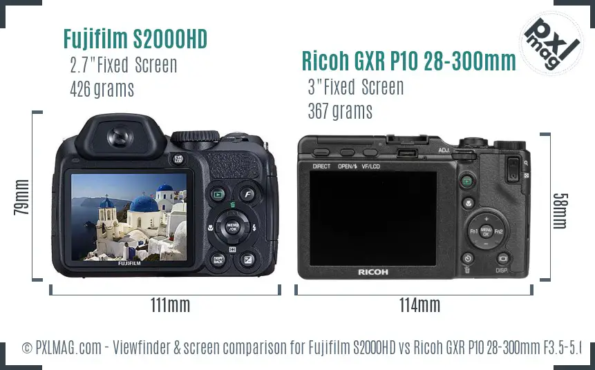 Fujifilm S2000HD vs Ricoh GXR P10 28-300mm F3.5-5.6 VC Screen and Viewfinder comparison