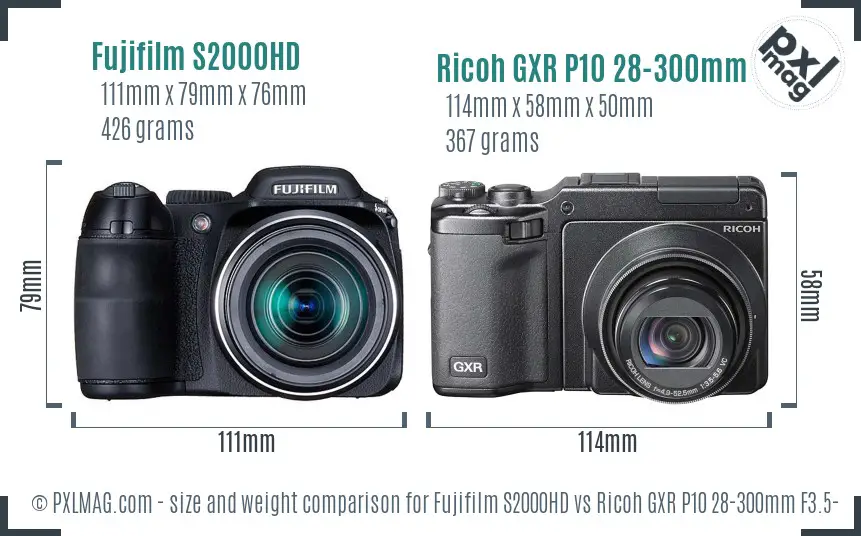 Fujifilm S2000HD vs Ricoh GXR P10 28-300mm F3.5-5.6 VC size comparison