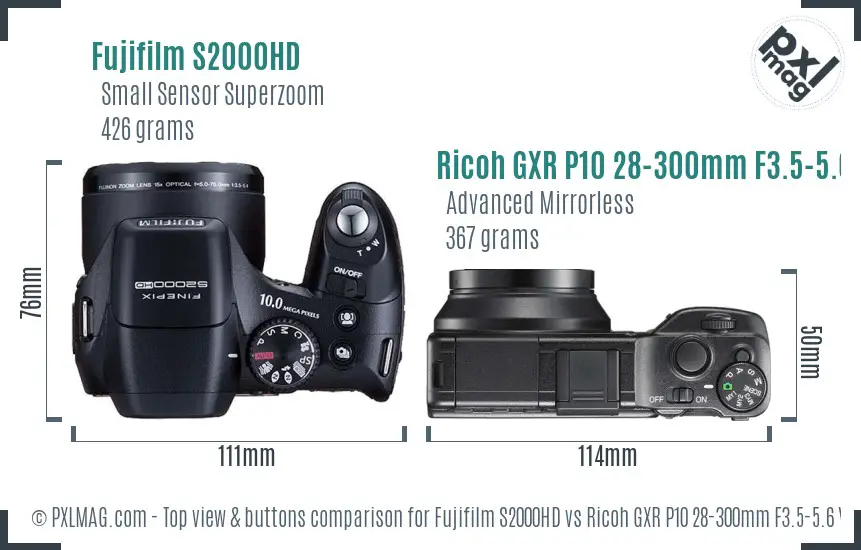 Fujifilm S2000HD vs Ricoh GXR P10 28-300mm F3.5-5.6 VC top view buttons comparison