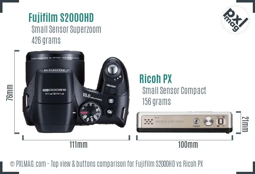 Fujifilm S2000HD vs Ricoh PX top view buttons comparison