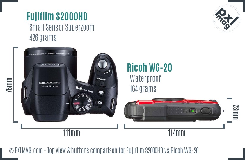 Fujifilm S2000HD vs Ricoh WG-20 top view buttons comparison