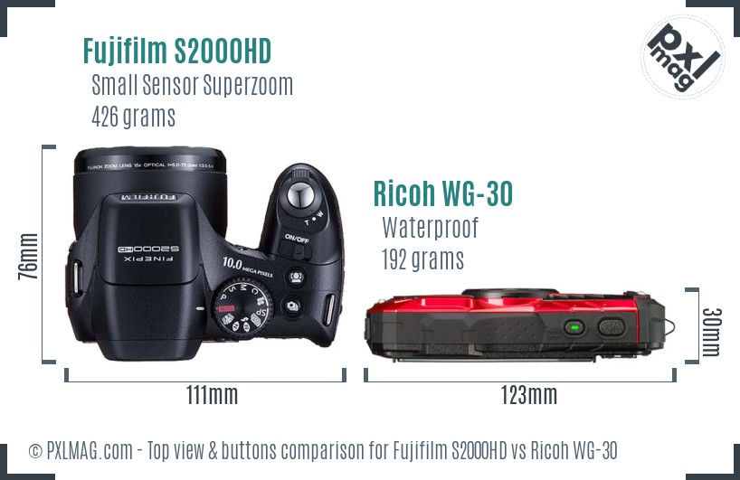 Fujifilm S2000HD vs Ricoh WG-30 top view buttons comparison