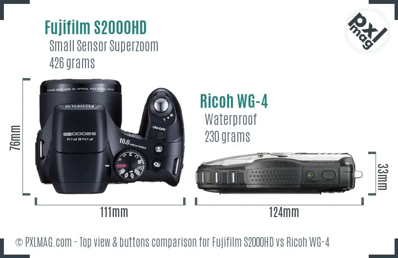 Fujifilm S2000HD vs Ricoh WG-4 top view buttons comparison
