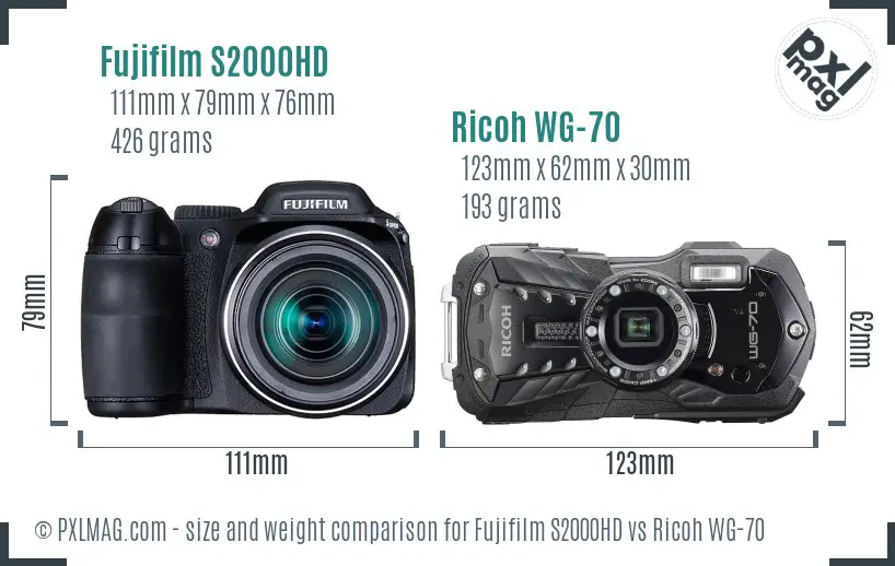 Fujifilm S2000HD vs Ricoh WG-70 size comparison