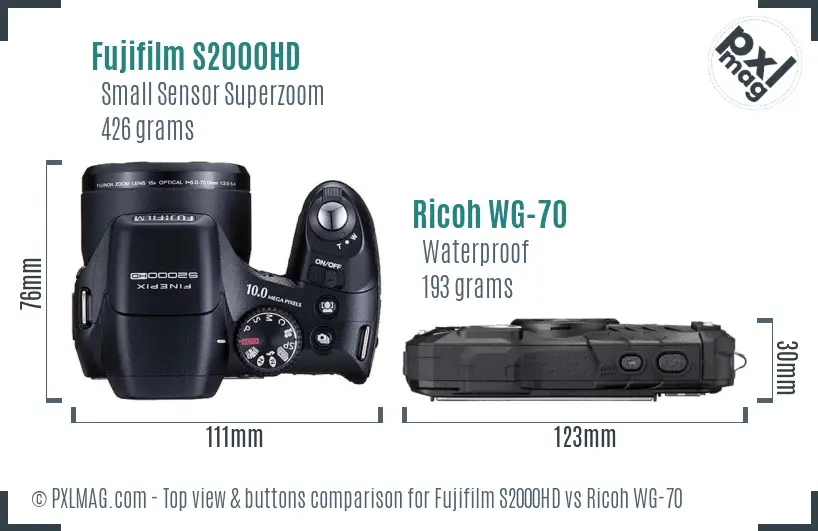 Fujifilm S2000HD vs Ricoh WG-70 top view buttons comparison