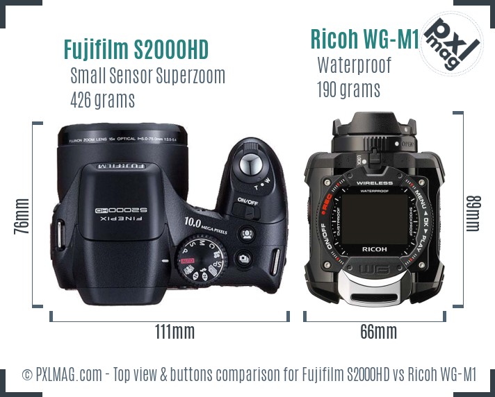 Fujifilm S2000HD vs Ricoh WG-M1 top view buttons comparison