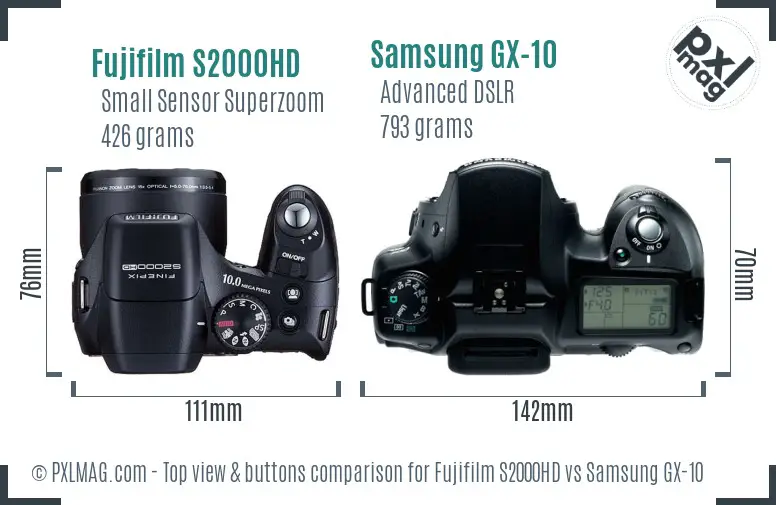 Fujifilm S2000HD vs Samsung GX-10 top view buttons comparison
