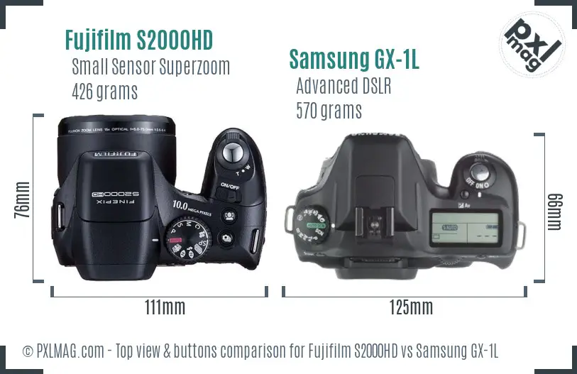 Fujifilm S2000HD vs Samsung GX-1L top view buttons comparison