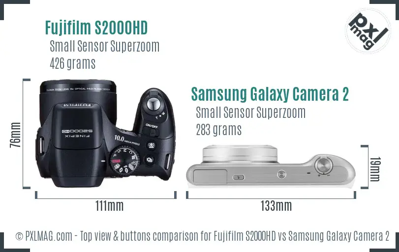 Fujifilm S2000HD vs Samsung Galaxy Camera 2 top view buttons comparison