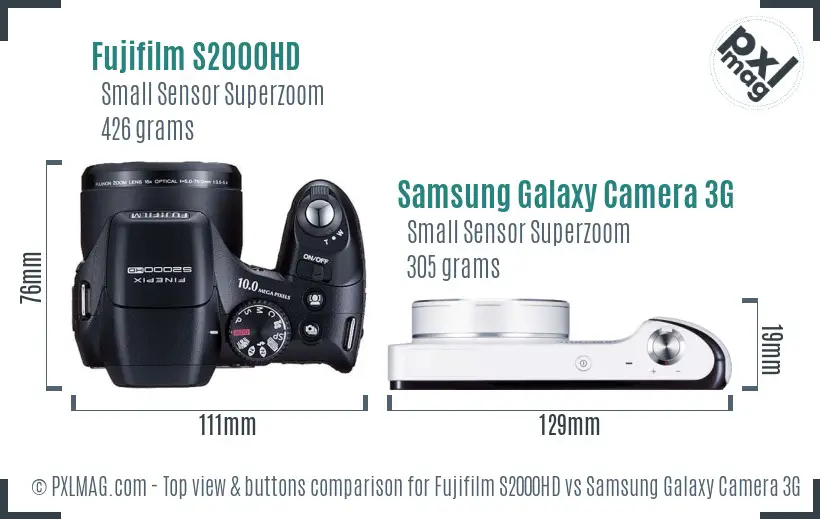 Fujifilm S2000HD vs Samsung Galaxy Camera 3G top view buttons comparison