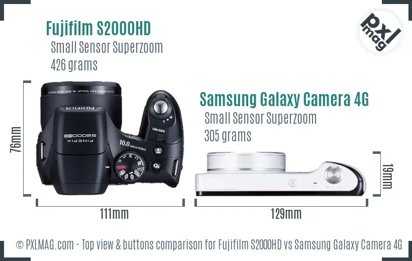 Fujifilm S2000HD vs Samsung Galaxy Camera 4G top view buttons comparison Fujifilm S2000HD vs Samsung Galaxy Camera 4G top view buttons comparison