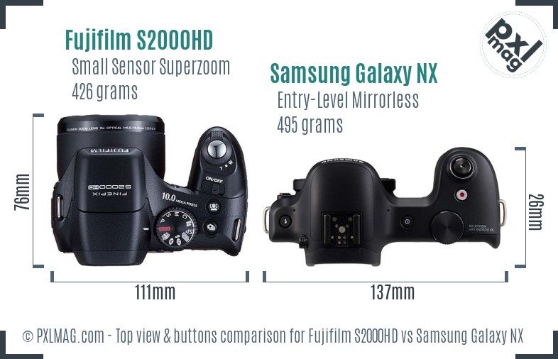 Fujifilm S2000HD vs Samsung Galaxy NX top view buttons comparison