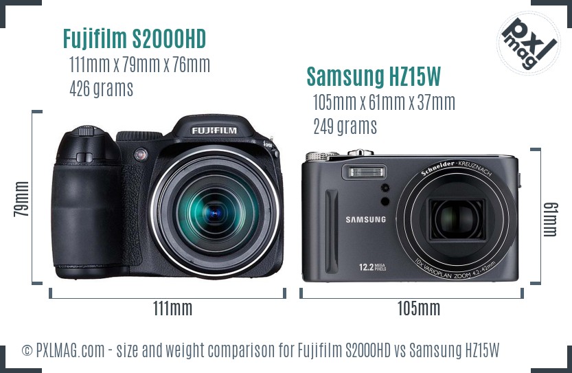 Fujifilm S2000HD vs Samsung HZ15W size comparison
