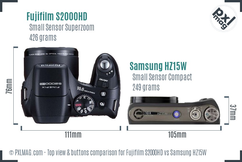 Fujifilm S2000HD vs Samsung HZ15W top view buttons comparison